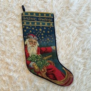 Needlepoint Christmas Greetings vintage Santa stocking